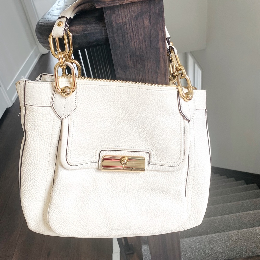 Coach off-white handbag, gold hardware, teal satin